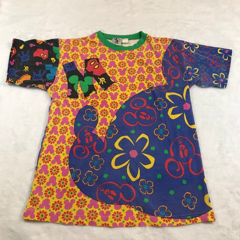 Mickey Pattern Rainbow Multi Color Patchwork Contrast Shirt Yellow Blue NO SIZE